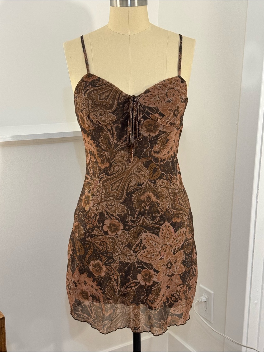 Y2K Brown Paisley Slip Dress - Spaghetti Strap